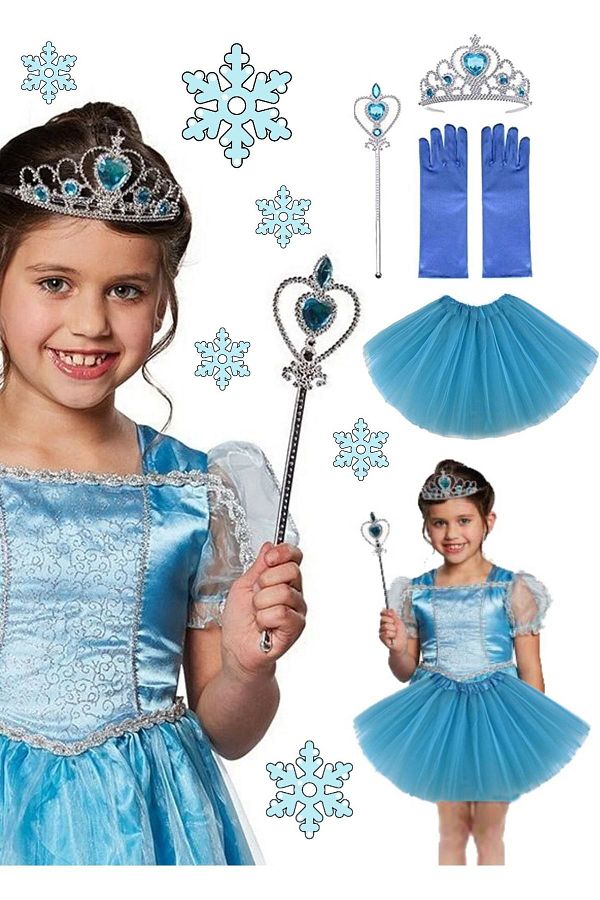 Utelips-Costum Elsa pentru copii pentru fetiță de ziua de naștere, fustă Elsa, mănuși, coroană și scutură, set de 4 1