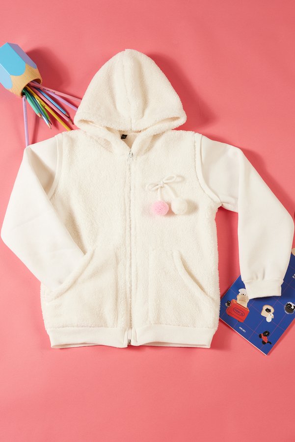 TRENDYOLKIDS Ecru Girl's Hooded Pompom Detailed Knitted Jacket Tkdaw25Ce00007