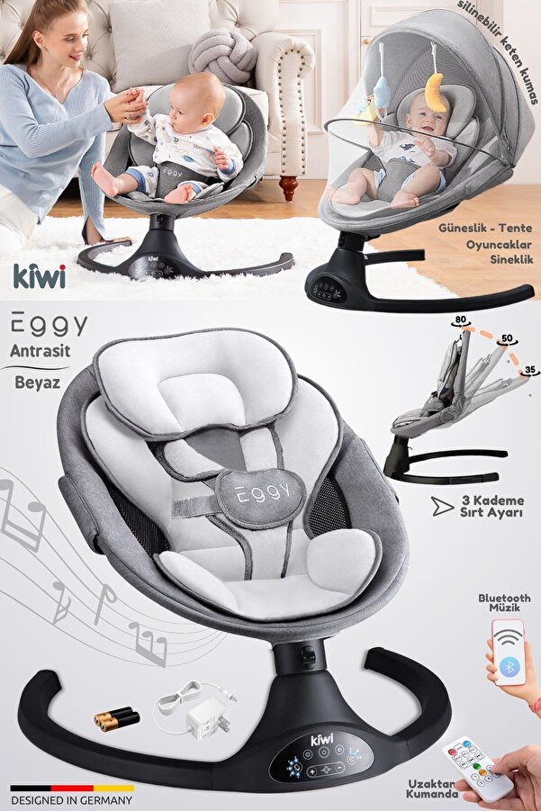 Kiwi Eggy Plus Elektrikli Otomatik Sallanan Bebek Ana Kucağı, 5 Farklı Sallanma Hızı, Oyuncaklı, Antrasit