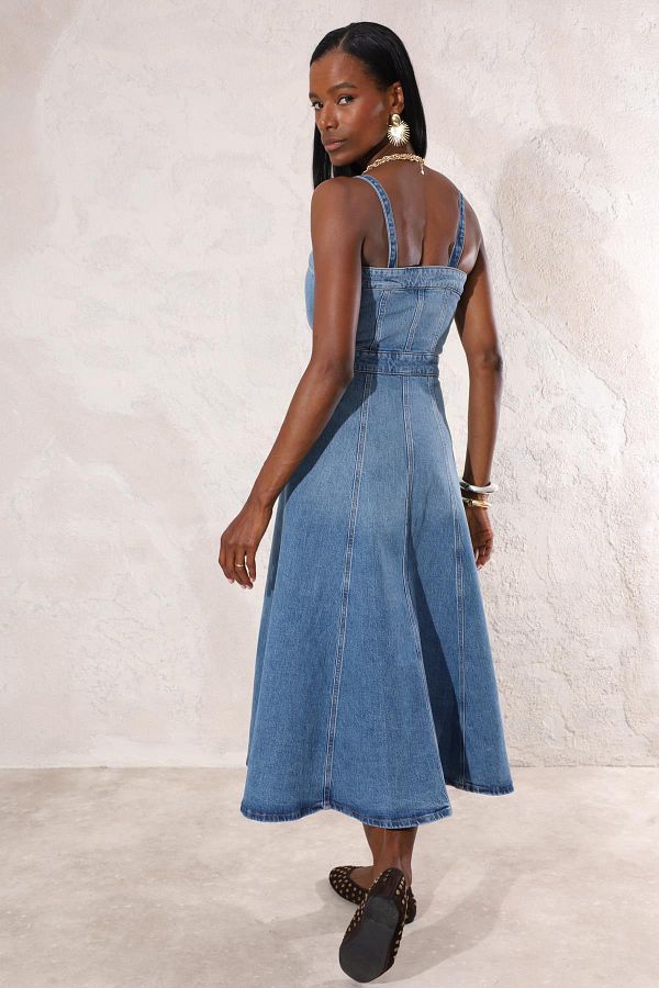 5in1Canpolat Strappy Blue Denim Dress Trendyol