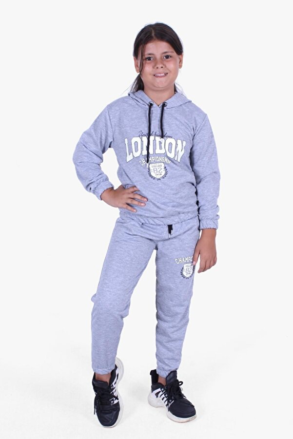 PANİO KİDS London Summer Printed Girls' Hooded Gray Melange