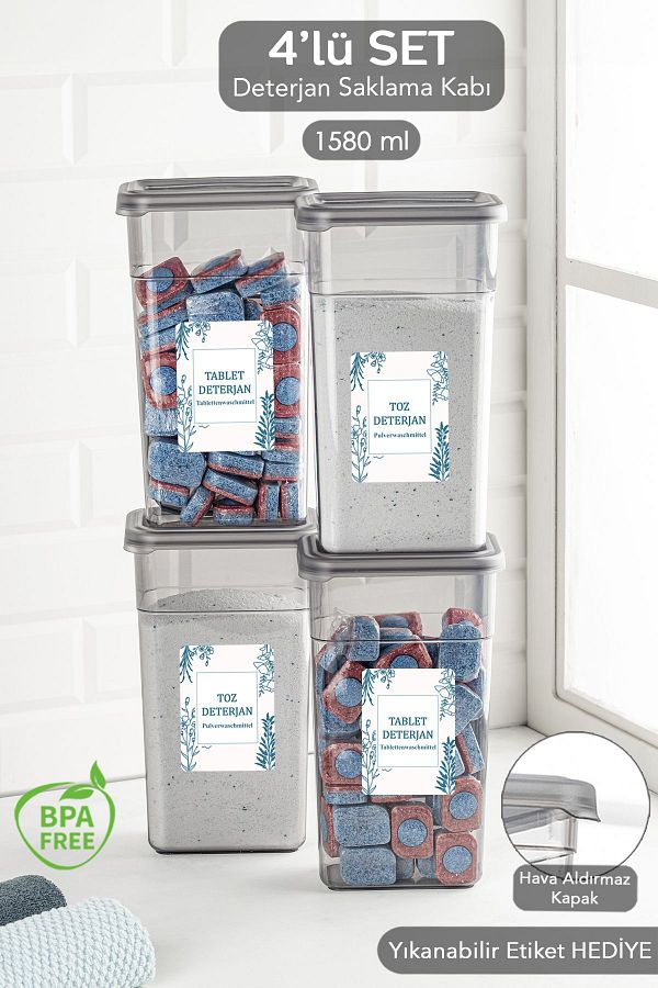 Meleni Home-4-Piece Detergent Storage Set - Box with Label and Airtight Lid - 4 x 1580 ml 1