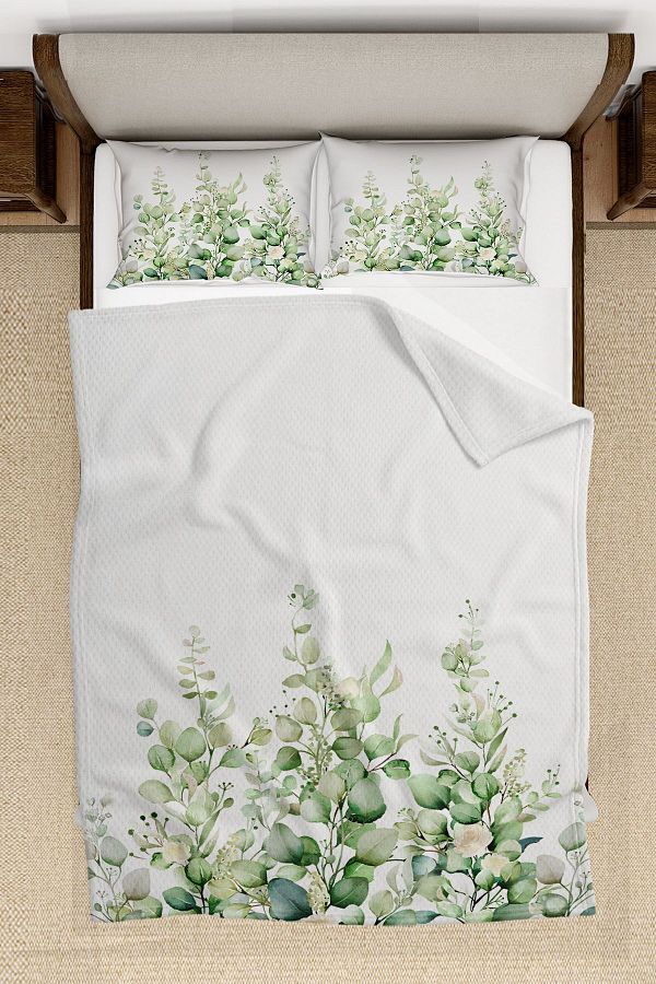 3D ELSE HALI-Green Eucalyptus Ivy Patterned Printed Decorative Bedspread Single Pillowed Pique Set 1