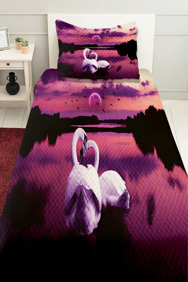 3D ELSE HALI-Single Decorative Bedspread - Purple and White Swans Patterned Printed Pique Set 1