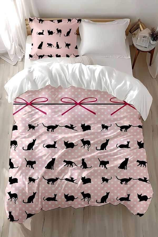 3D ELSE HALI-Pink Black Cat Figured Patterned Printed Cotton Satin Children's and Single Duvet Cover Set 1