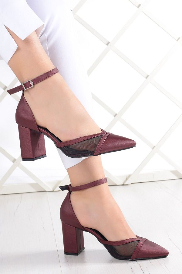 Erkan Sacmac Millie Burgundy Satin Mesh Thick Heeled Evening Dress Shoes Trendyol