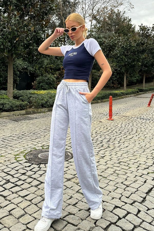VAGGON High Waist and Nude Gray Women s Sweatpants Double Pocket Wide Leg Prm0668 Trendyol