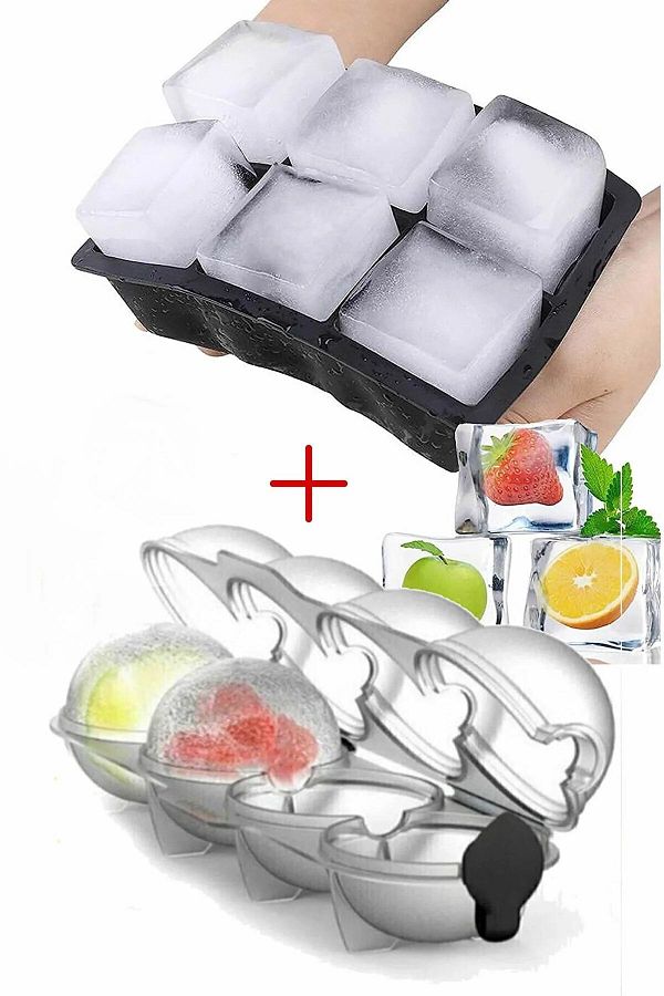 SAVORYHOME-Silicone Ice Molds (Set of 2) Sphere Ice Mold with Lid and Large Square Ice Mold 1