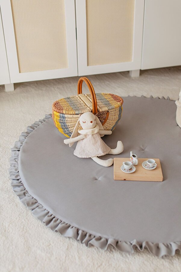 Dear Deer Love Oyun Halısı, Yuvarlak Oyun Matı, Fırfırlı Oyun Minderi, Gri