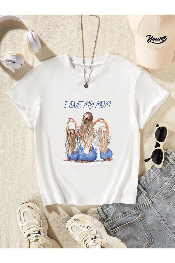 Let's Wear-Premium κοριτσίστικο μπλουζάκι - Εκτύπωση «I love My Mom», Crew Neck 1