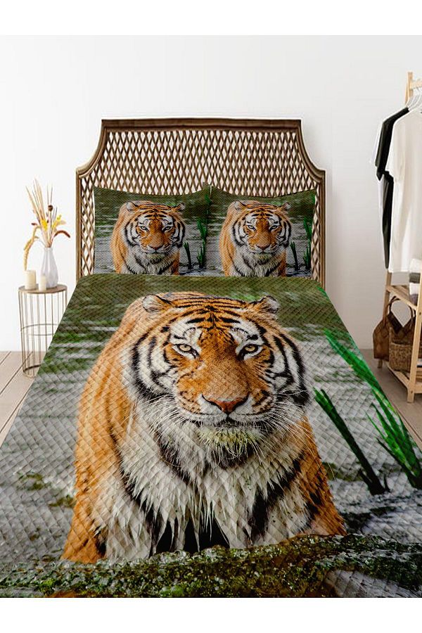 3D ELSE HALI-Nehir Tiger Pattern Printed - Double Bedspread and Pillowed Pique Set 1