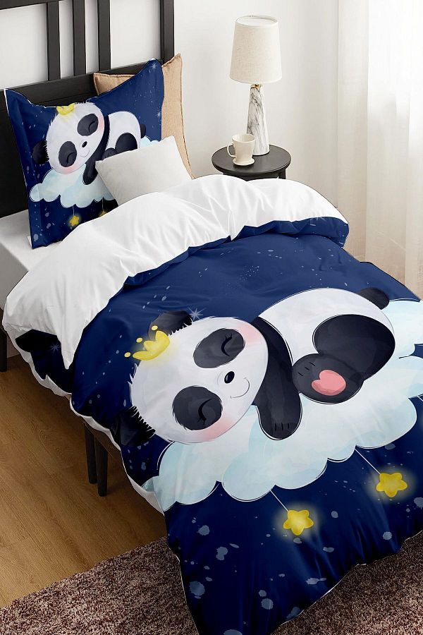 3D ELSE HALI-Blue Cute Sleeping Panda Patterned Single Children's Duvet Cover Set Without Sheets 1