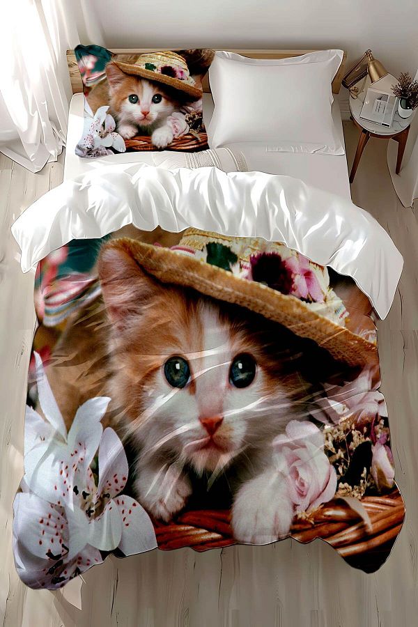 3D ELSE HALI-Cat Patterned Printed Cotton Satin Children's Bedding Set - Single 1