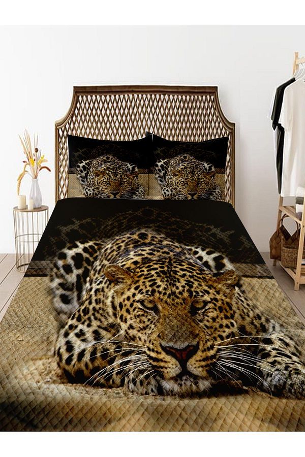 3D ELSE HALI-Double Leopard Patterned Bedspread and Pillowed Pique Set 1