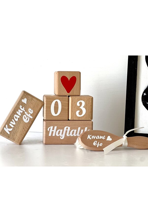 mogokids Anne Ve Bebek Anı Küpü Seti Kırmızı Kalplı Türkçe Beyaz Isimli Dekor Doğal Keçi Kılı Tarak Set