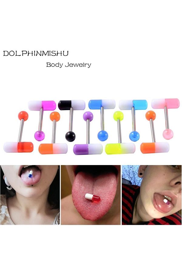 CEYMSPARK CeymsTech Steel Acrylic Pill shaped Color Capsule Tongue Ring Piercing Jewelry Trendyol