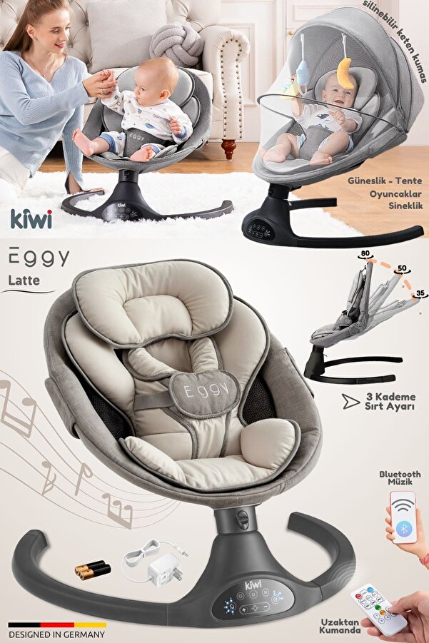 Kiwi Eggy Plus Elektrikli Otomatik Sallanan Bebek Ana Kucağı, 5 Farklı Sallanma Hızı, Oyuncaklı, Latte