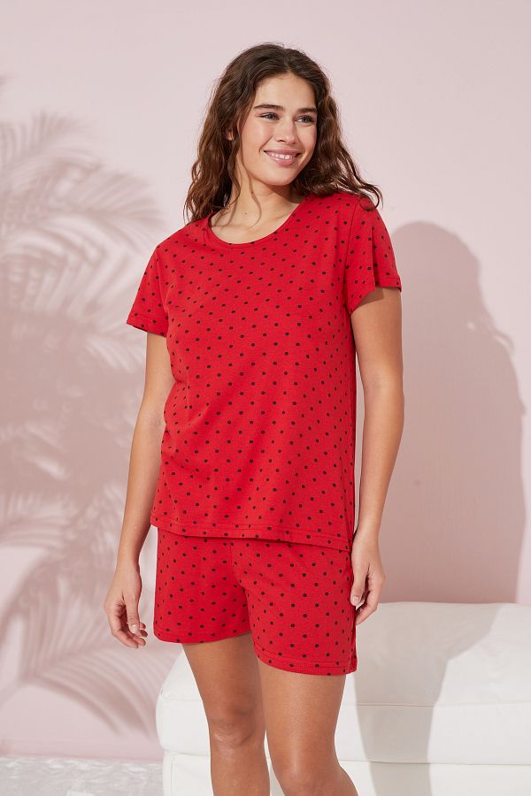 Siyah İnci-Cotton Red Point Patterned Shorts and Pajama Set 1