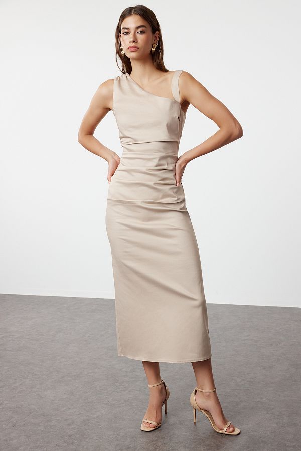 Trendyol Collection Beige Asymmetrical Collar Midi Woven Dress Limited Edition Trendyol