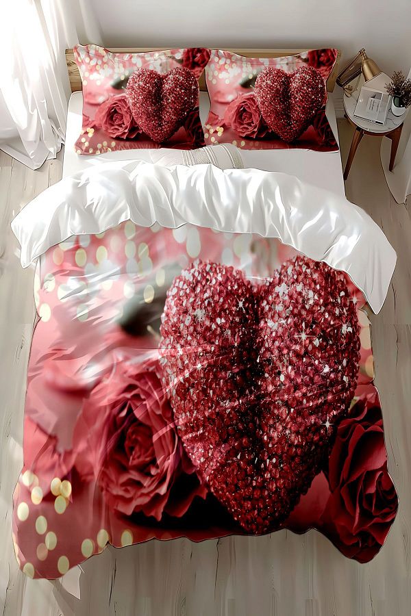 3D ELSE HALI-Pink Pirloğlu Double Duvet Cover Set - Heart Pattern and Printed Cotton Satin 1