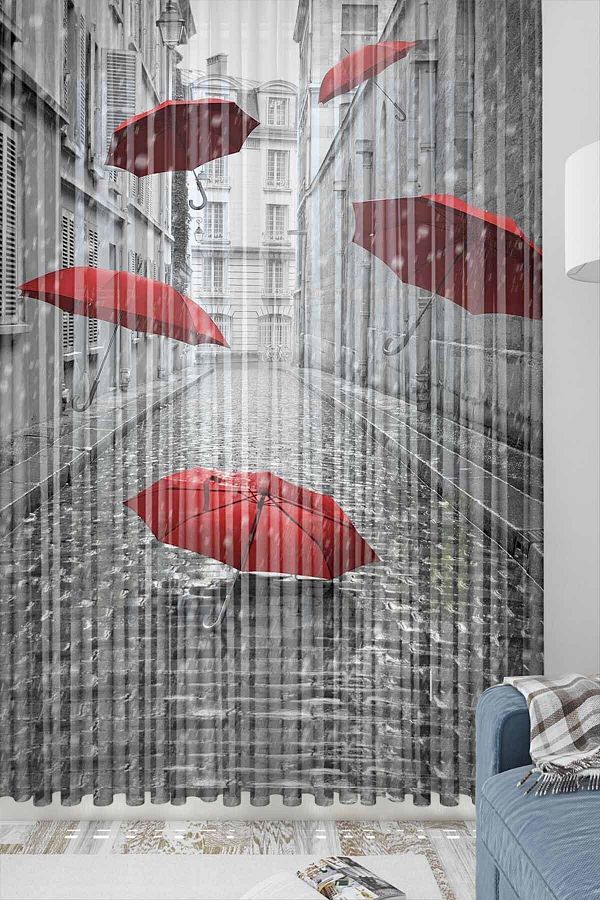 3D ELSE HALI-Red Umbrellas Patterned Decorative Modern 3d Tulle Backdrop Curtain 1