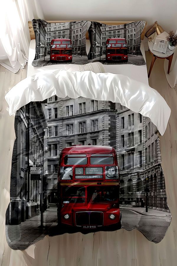 3D ELSE HALI-Bus Patterned Red Cotton Satin Double Duvet Cover Set 1
