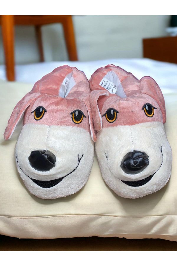 AHS Women s Pink White Fluffy Dog Figure Orthopedic Silent Sole Luxury Winter Home Slippers Shoes Trendyol