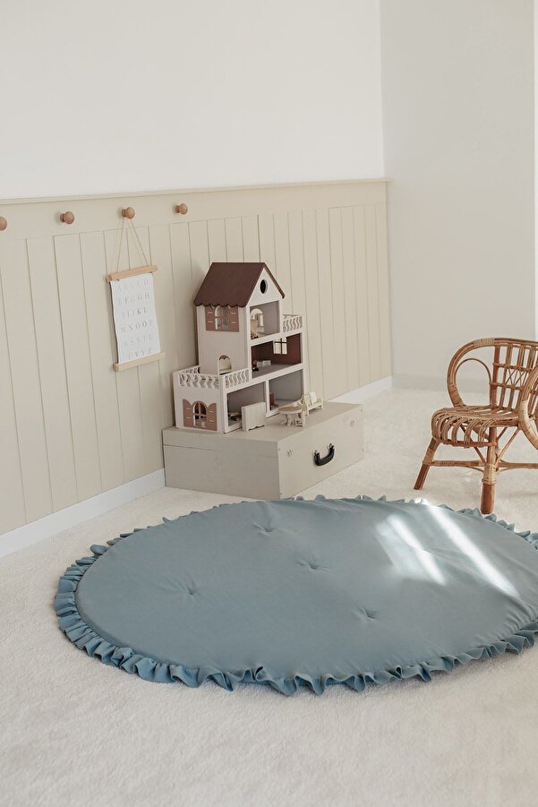 Dear Deer Love Oyun Halısı, Yuvarlak Oyun Matı, Fırfırlı Oyun Minderi, Teal