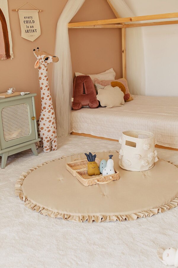 Dear Deer Love Oyun Halısı, Yuvarlak Oyun Matı, Fırfırlı Oyun Minderi, Bej