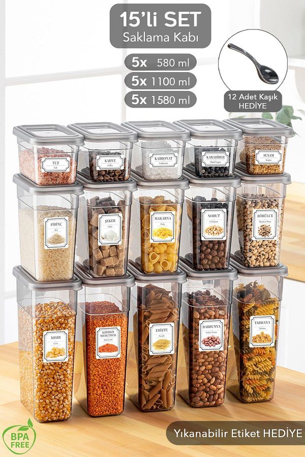 Meleni Home-15-Piece Spice Holder with Label - Storage Container Set with Leak-Proof Lid - 5x (580 ml, 1100 ml, 1580 ml) 1