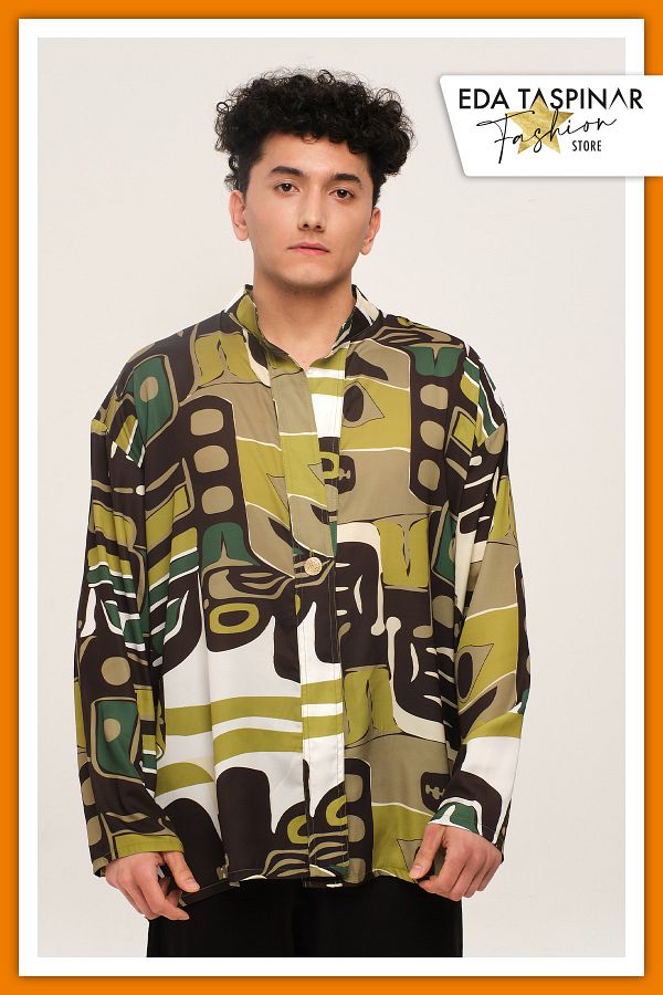 Eda Taşpınar-Chaos Men's Green Patterned Single Button Oversize Shirt 1