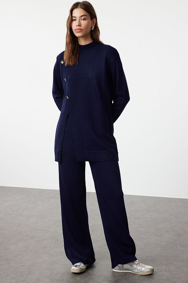 Trendyol Modest-Granatowy zestaw swetrów i spodni z dzianiny - szczegółowo zapinany na guziki TCTAW25US00017 1