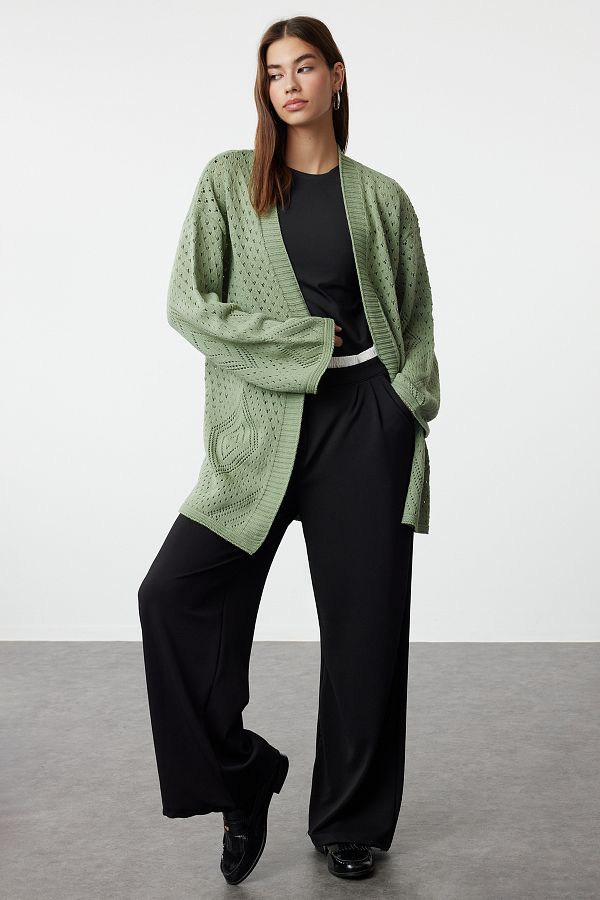 Trendyol Collection-Mintfarbener, durchbrochener/durchbrochener Midi-Strickjacke mit breiter Passform – TWOAW24HI00331 1