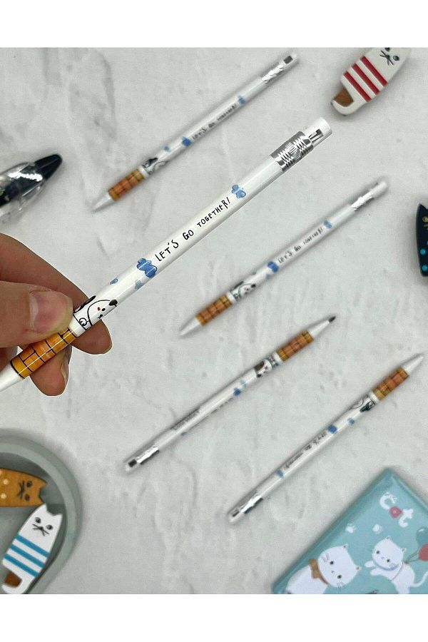 Kağıt Gemi Dükkan-Kawaii White Patterned Thick Nib Pencil with Sharpener 1