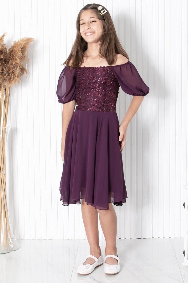 Modaviki-9-14 ani rochie de seară din șifon, cu mâneci cu balon, prune MDV332 1