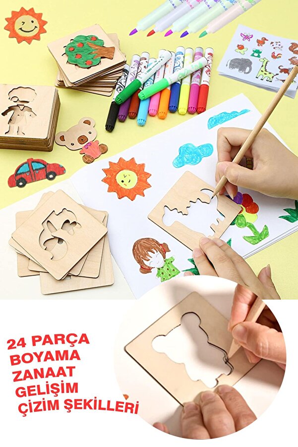 UTKU TASARIM Montessori 24 Parça Çocuk Ahşap Yapboz Çizim Boyama Sevimli Hayvanlar Şekilleri Beyin Jimlastiği