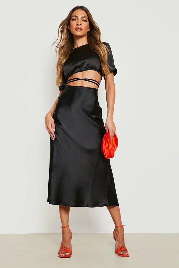 Julishop Women s Black Elastic Waist Cotton Satin Midi Skirt Trendyol