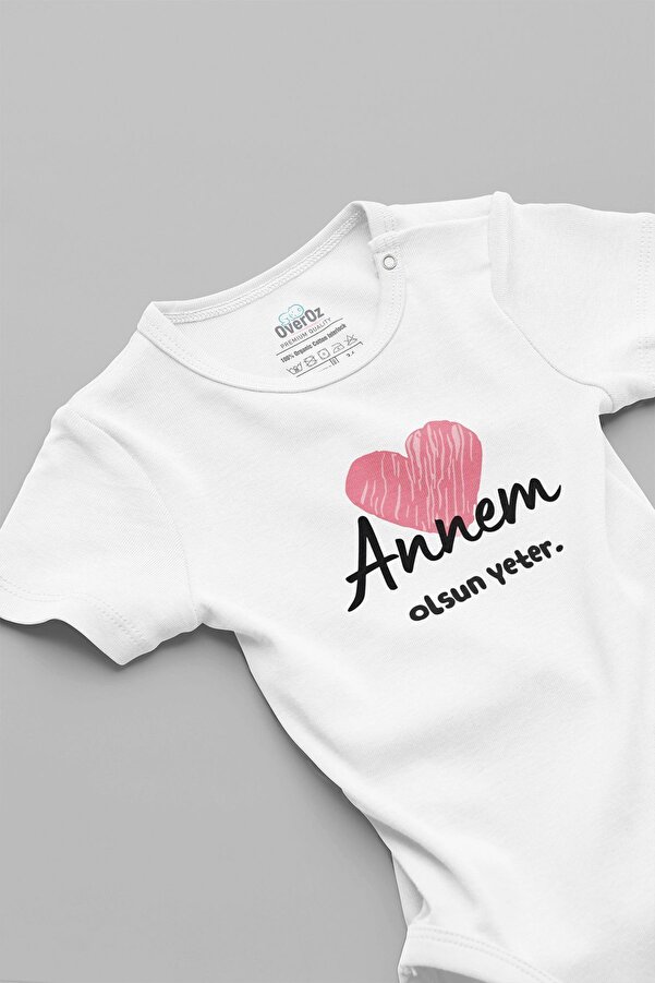 Overoz Organik %100 Pamuk Annem Olsun Yeter Kalp Baskılı Bebek Body Badi Çıtçıtlı Zıbın 5746