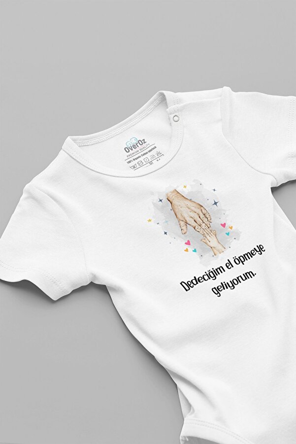 Overoz Organik %100 Pamuk Dedeciğim El Öpmeye Geliyorum Baskılı Bebek Body Beyaz Badi Çıtçıtlı Zıbın 5275