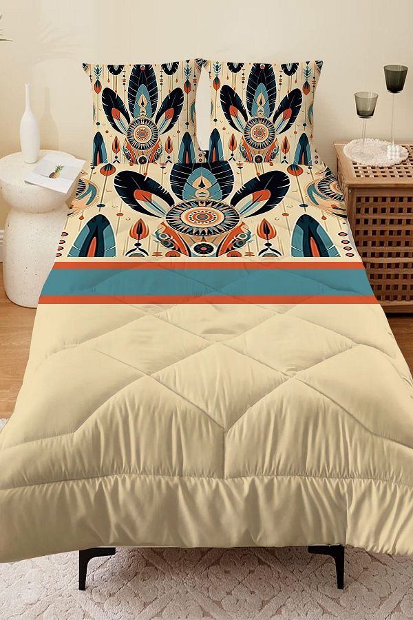 3D ELSE HALI-Double Colorful Feathers Patterned Microfiber Quilted Sleeping Set - Quilt and Pillow 1