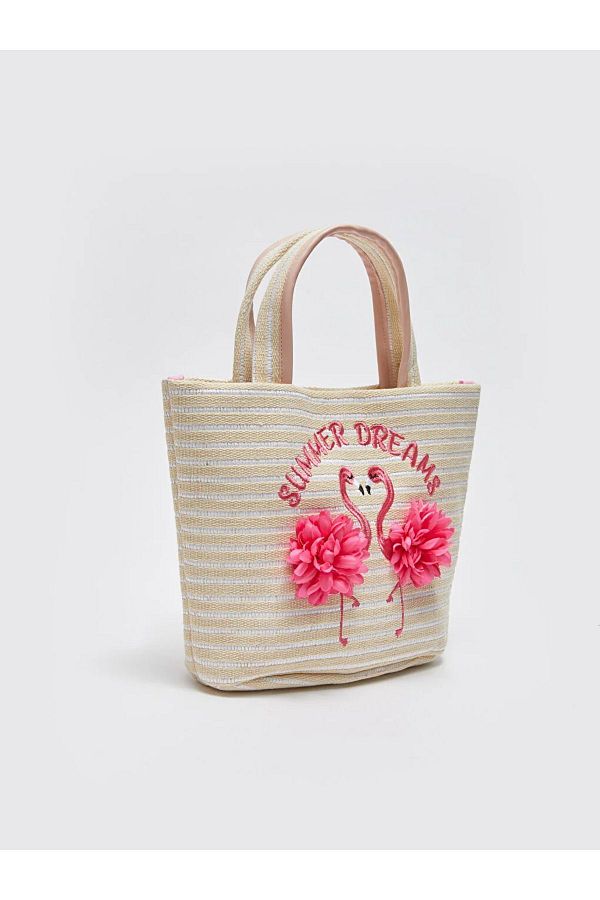 LC Waikiki Flamingo Embroidered Summer Vacation Beach Girl s Straw Shoulder Bag Trendyol
