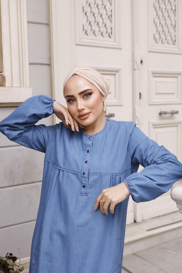 M SSKAYLE Button Detailed Hijab Open Denim Dress Trendyol