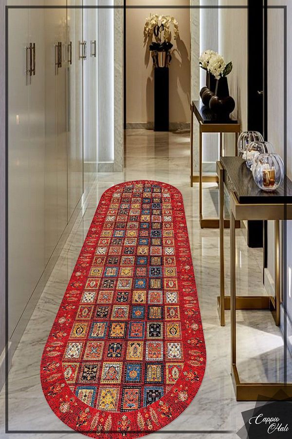 CAPPİO HALI-Red Afghan Patterned Oval Carpet (Non-Slip Leather Base Machine Washable) - Cp650 1
