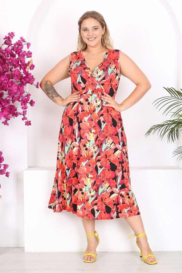 Mooi XXL Red Floral Double Breasted Maxi Dress Plus Size Sleeveless and Watercolor Pattern Trendyol