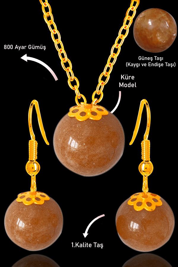 Tesbih Atölyesi-Gold Globe Model Sun Stone Necklace and Earring Set - Silver Apparatus - Dark Color Certified 1