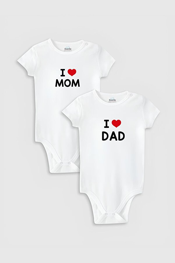 Overoz Organik %100 Pamuk I Love Mom & Dad Anne Baba Baskılı 2'li Bebek Body Çıtçıtlı Badi Ikili 5213-5214