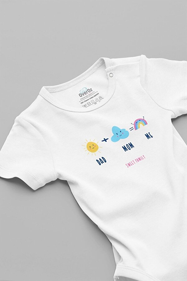 Overoz Organik %100 Pamuk Dad Mom Me Anne Baba Baskılı Kısa Kollu Çıtçıtlı Bebek Body Badi Zıbın Tulum 5542
