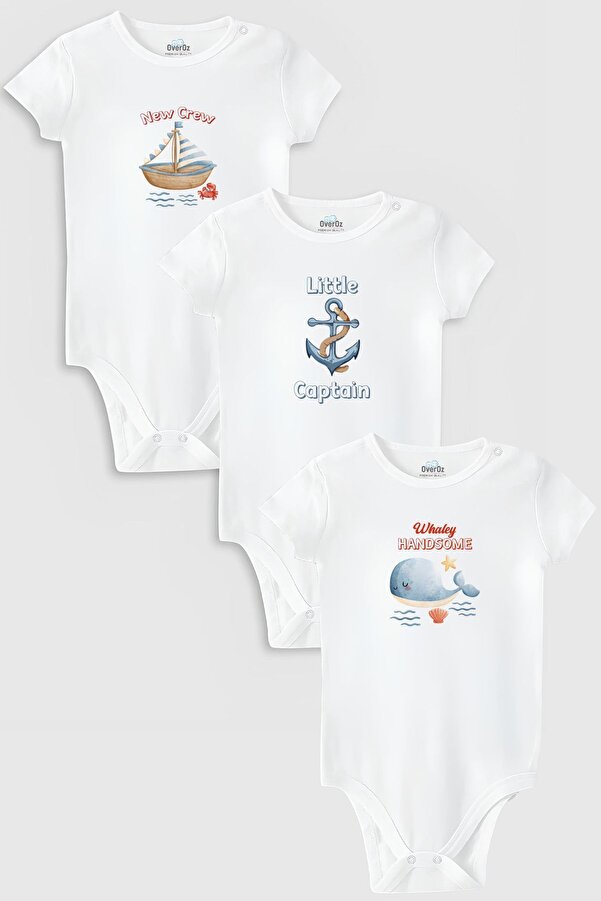 Overoz Organik %100 Pamuk Kaptan 3'lü Bebek Body Set Beyaz Bebek Badi Çıtçıtlı Zıbın Üçlü 5793-5794-5795