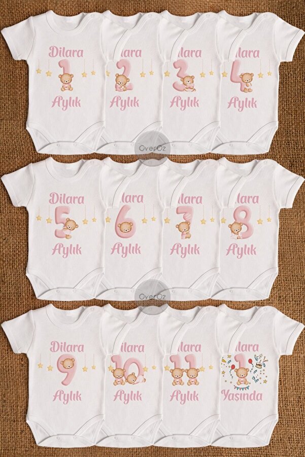 Overoz İsme Özel Kişiselleştirilebilir 12'li Aylık Bebek Body Seti Zıbın Badi Yeni Doğan Hediye Ay003