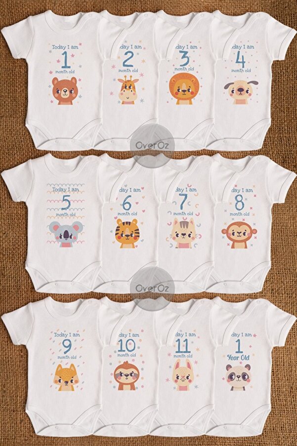 Overoz Her Aya Özel 12'li Aylık Bebek Body Seti Zıbın Yeni Doğan Bebek Hediye Hatıra Body Ay011